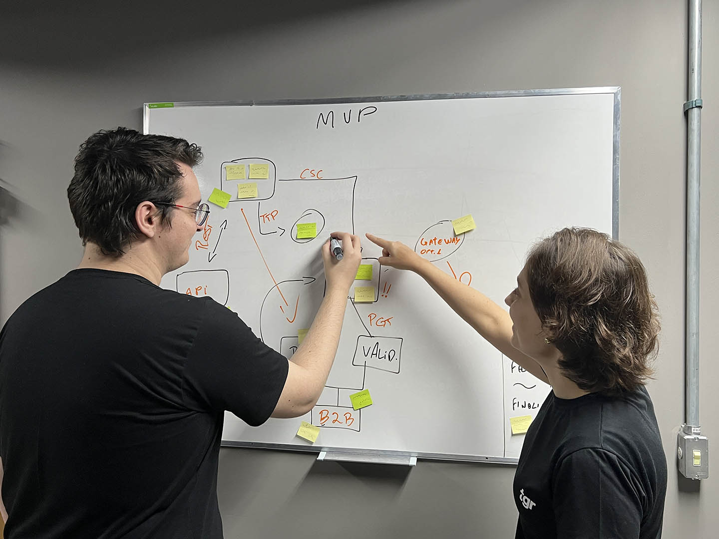 Papel amarelo grudado na parede com um alfinete vermelho, contendo o desenho de uma lâmpada